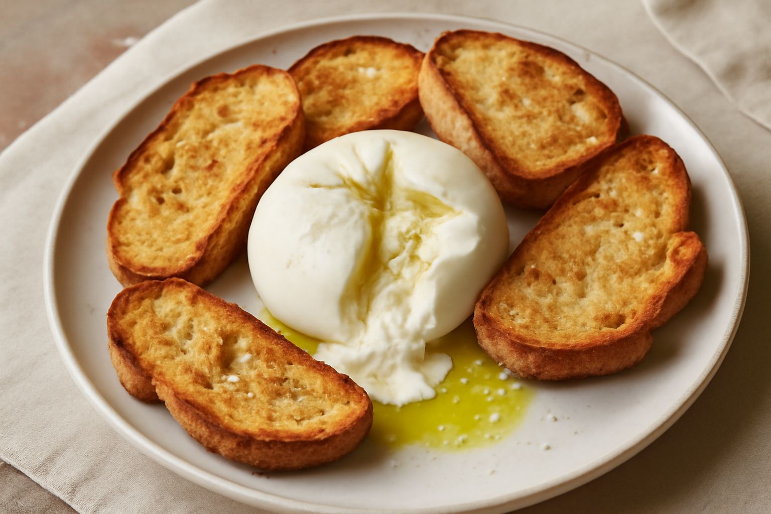 Burrata bianca e cremosa spezzata su un piatto, accanto a fette di pane tostato dorato, con gocce d'olio d'oliva e sale grosso sparsi intorno