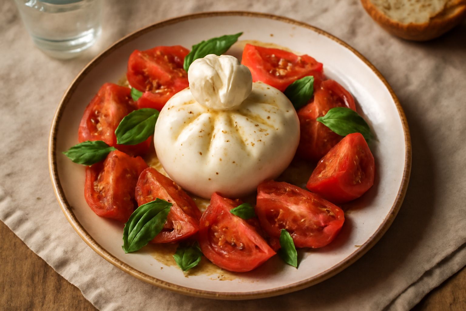 Piatto bianco con burrata cremosa al centro, pomodori rossi tagliati intorno, olio d'oliva dorato versato sopra, basilico fresco verde