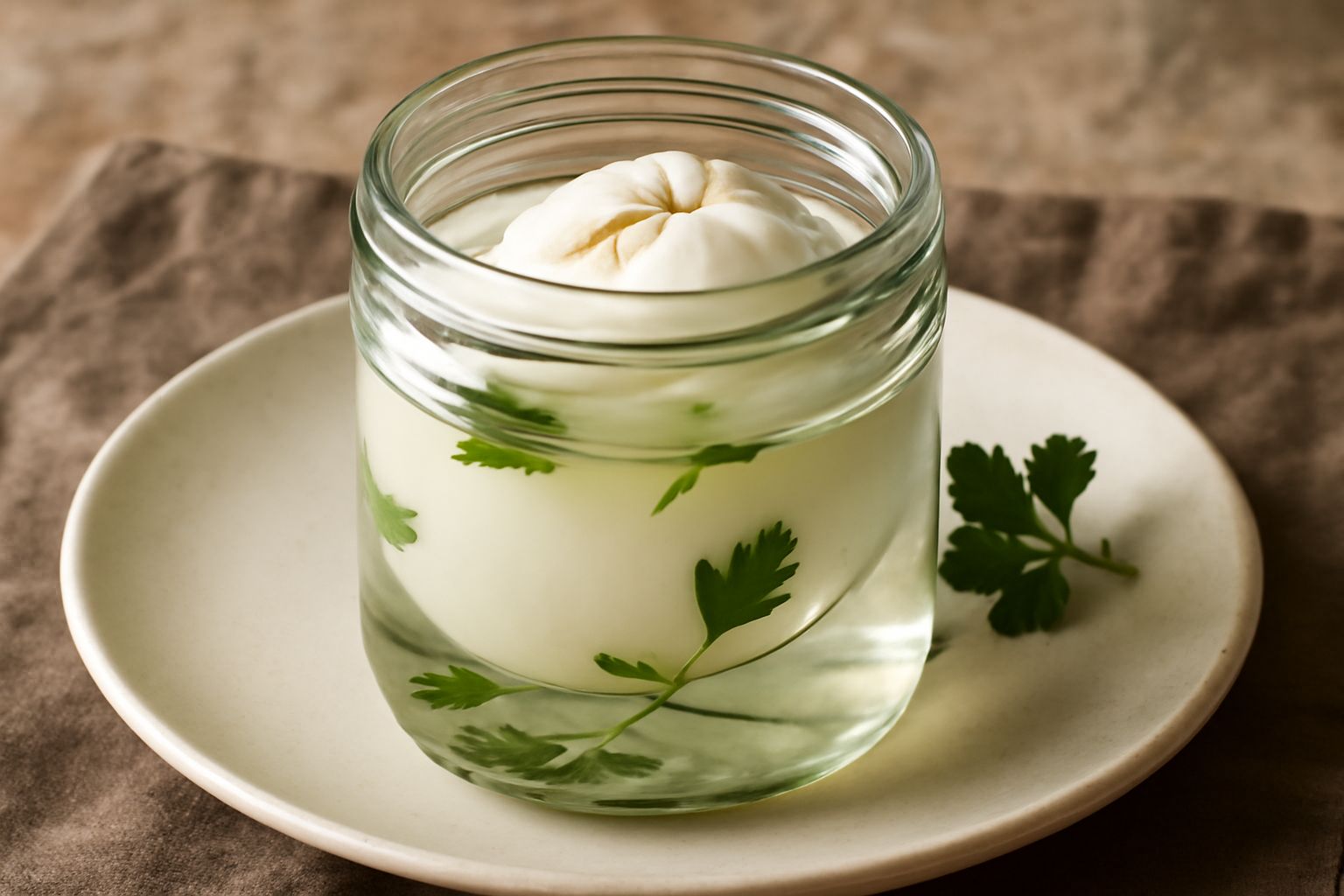 Burrata bianca e cremosa in un barattolo di vetro con brine trasparente, piccoli cristalli di sale visibili, erbe aromatiche sparse intorno al formaggio