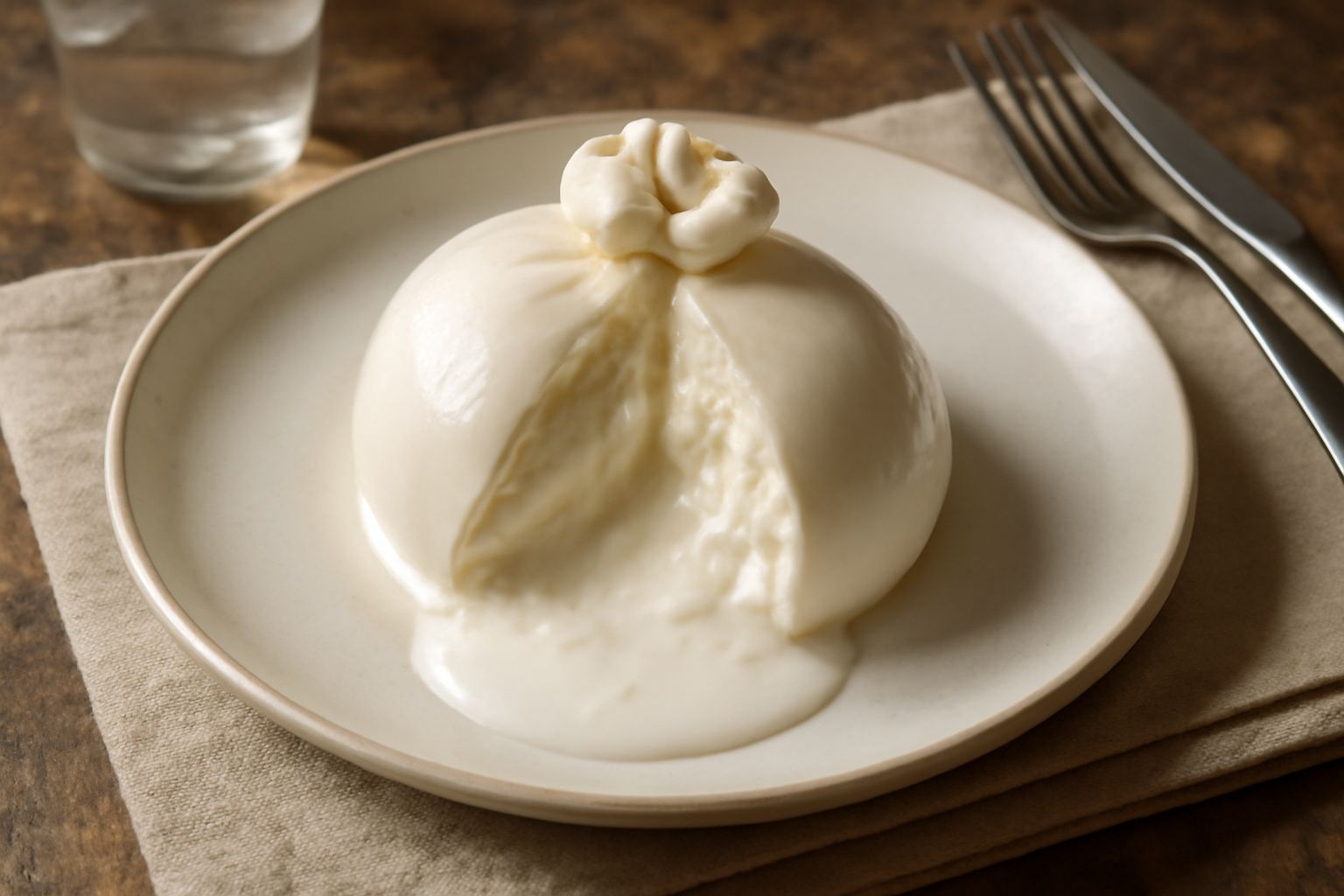 Una burrata tagliata a metà su un piatto bianco, che mostra il cuore cremoso e filante di color bianco panna, con gocce di crema fresca che fuoriescono dal taglio, circondata da foglie di rucola verde