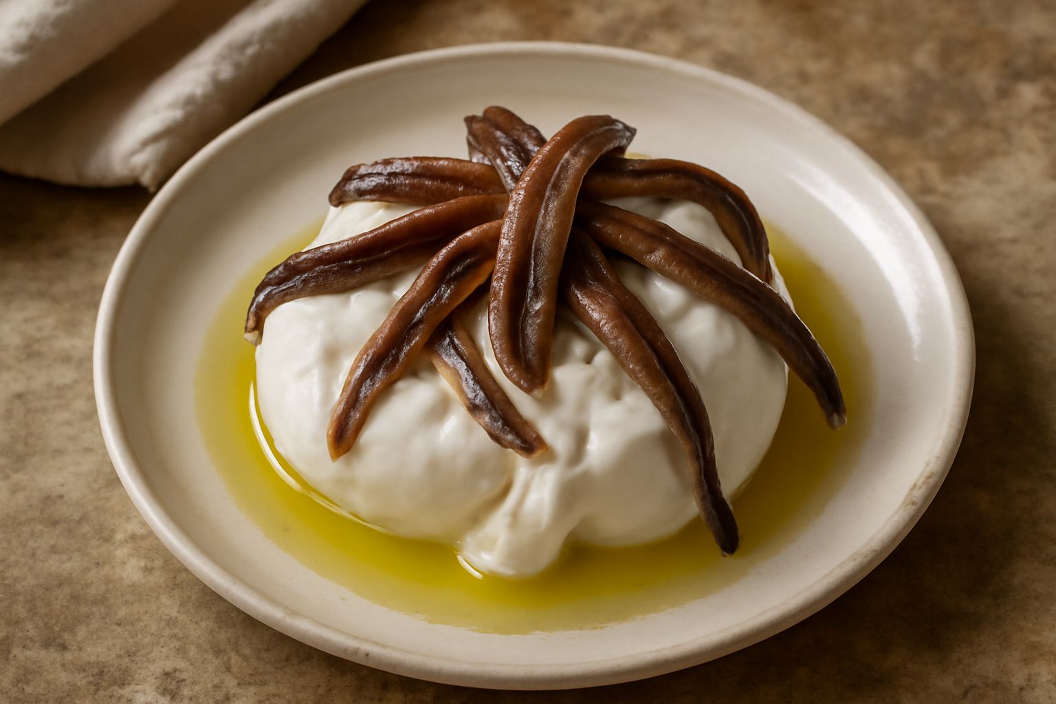 Piatto bianco con burrata cremosa al centro, acciughe intere disposte a raggiera attorno, gocce di olio extravergine verde scuro, pane tostato a fette ai lati, erba cipollina verde sparsa in superfici