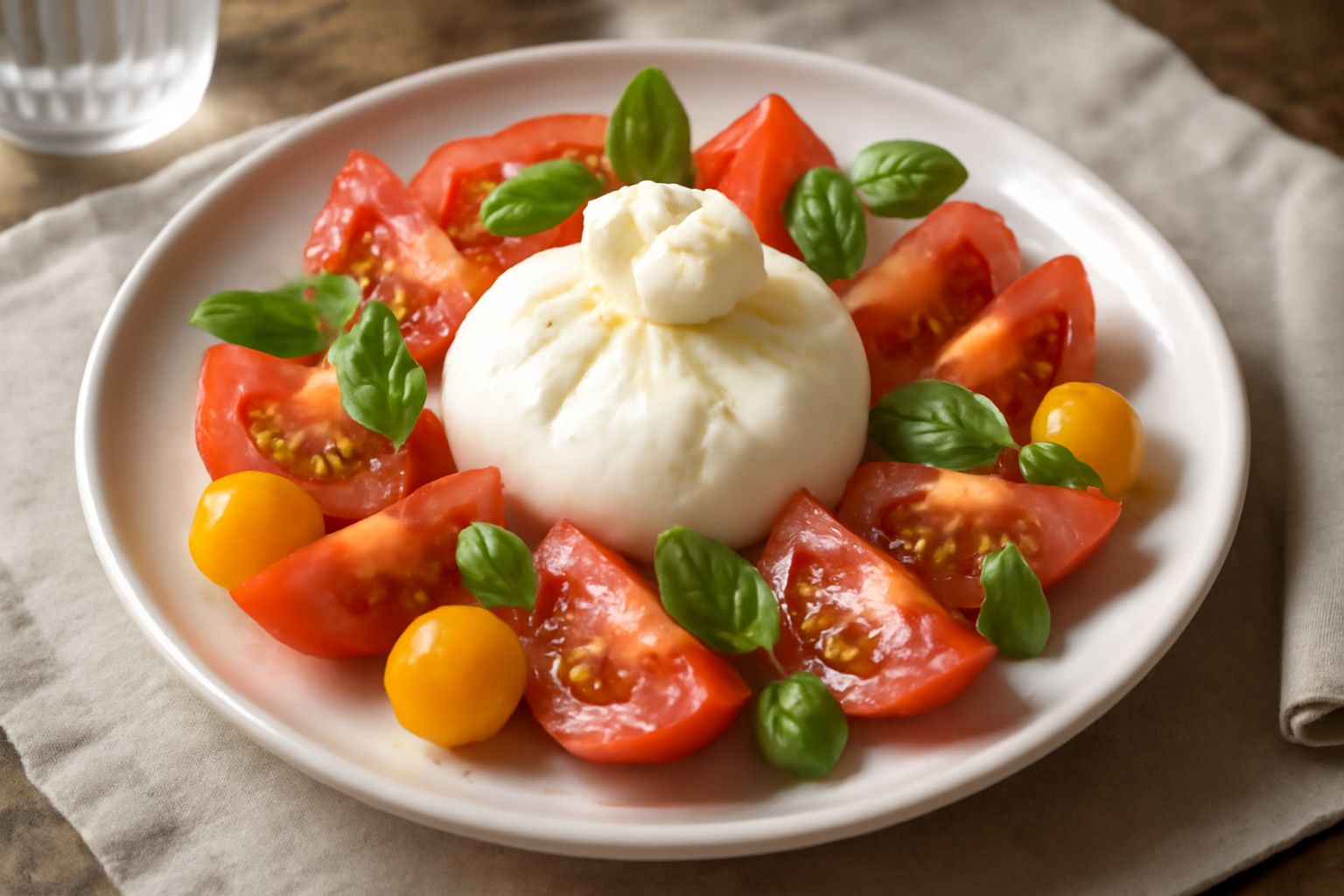 Burrata bianca e cremosa al centro del piatto con intorno pomodori rossi e gialli tagliati a spicchi, basilico fresco e gocce di olio verde in superficie su sfondo bianco