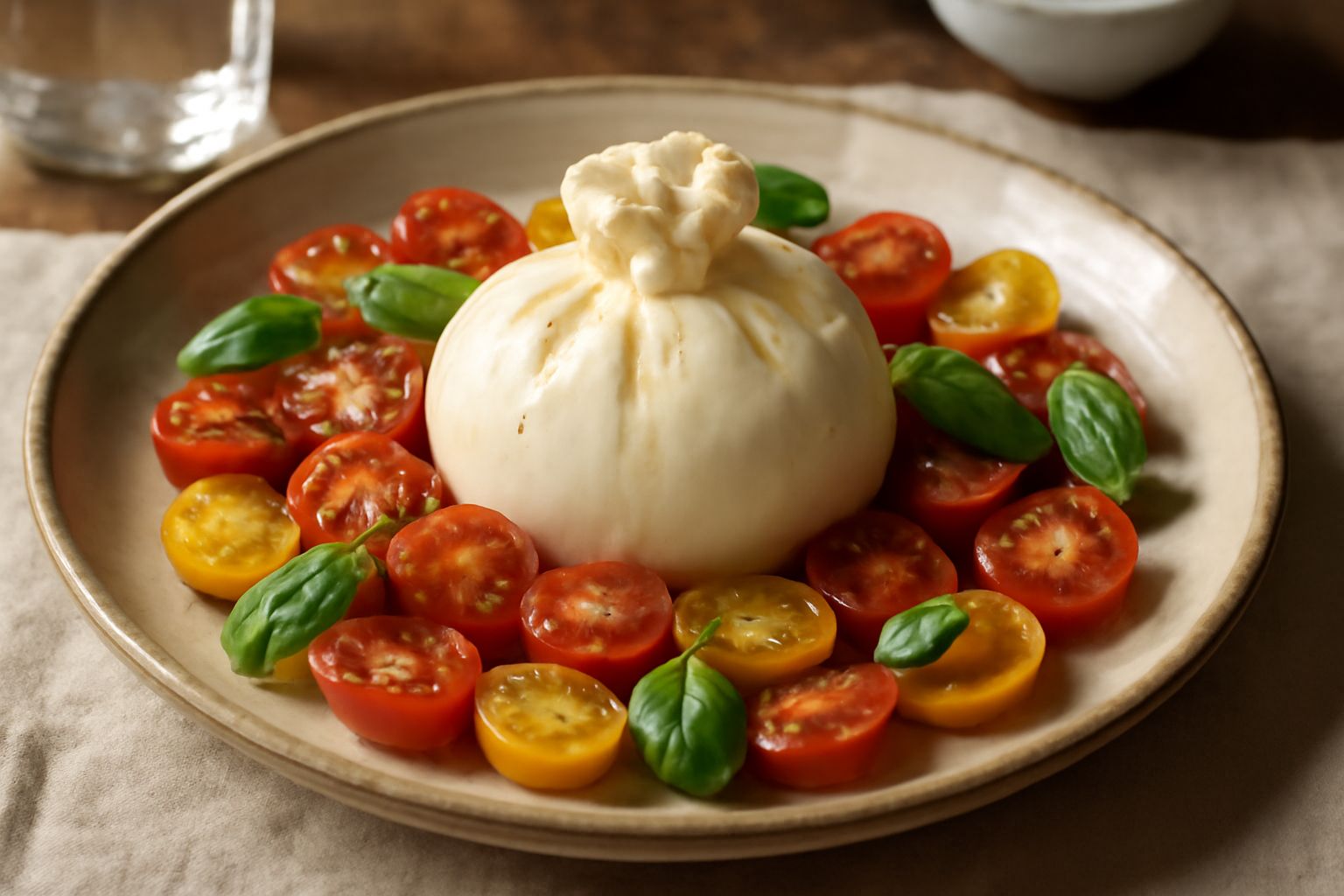 Piatto bianco con burrata cremosa al centro circondata da pomodorini rossi e gialli tagliati a metà, basilico fresco verde, olio d'oliva lucido e sale grosso sparso
