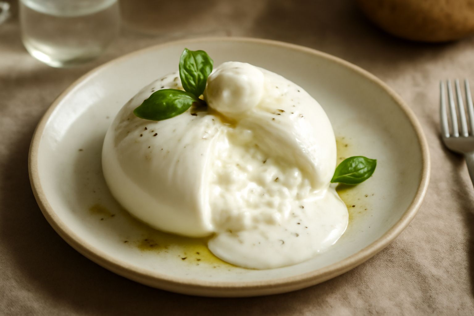 Burrata intera bianca cremosa spaccata nel mezzo su un piatto, con formaggio che fuoriesce cremoso, circondata da pomodori rossi tagliati e foglie di basilico verde, olio d'oliva lucente versato sopra