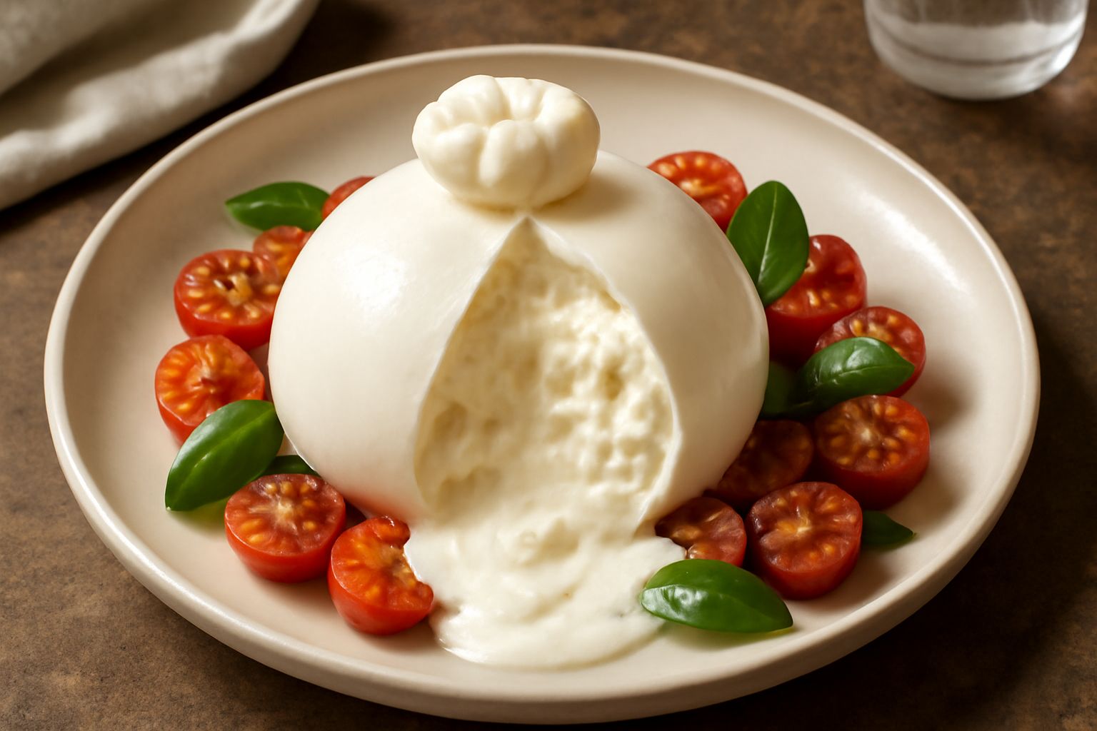 Una burrata molisana tagliata a metà su piatto bianco, che mostra il cuore cremoso beige che fuoriesce dalla pasta filata liscia e lucida, contornata da pomodori rossi, basilico verde e gocce di olio 