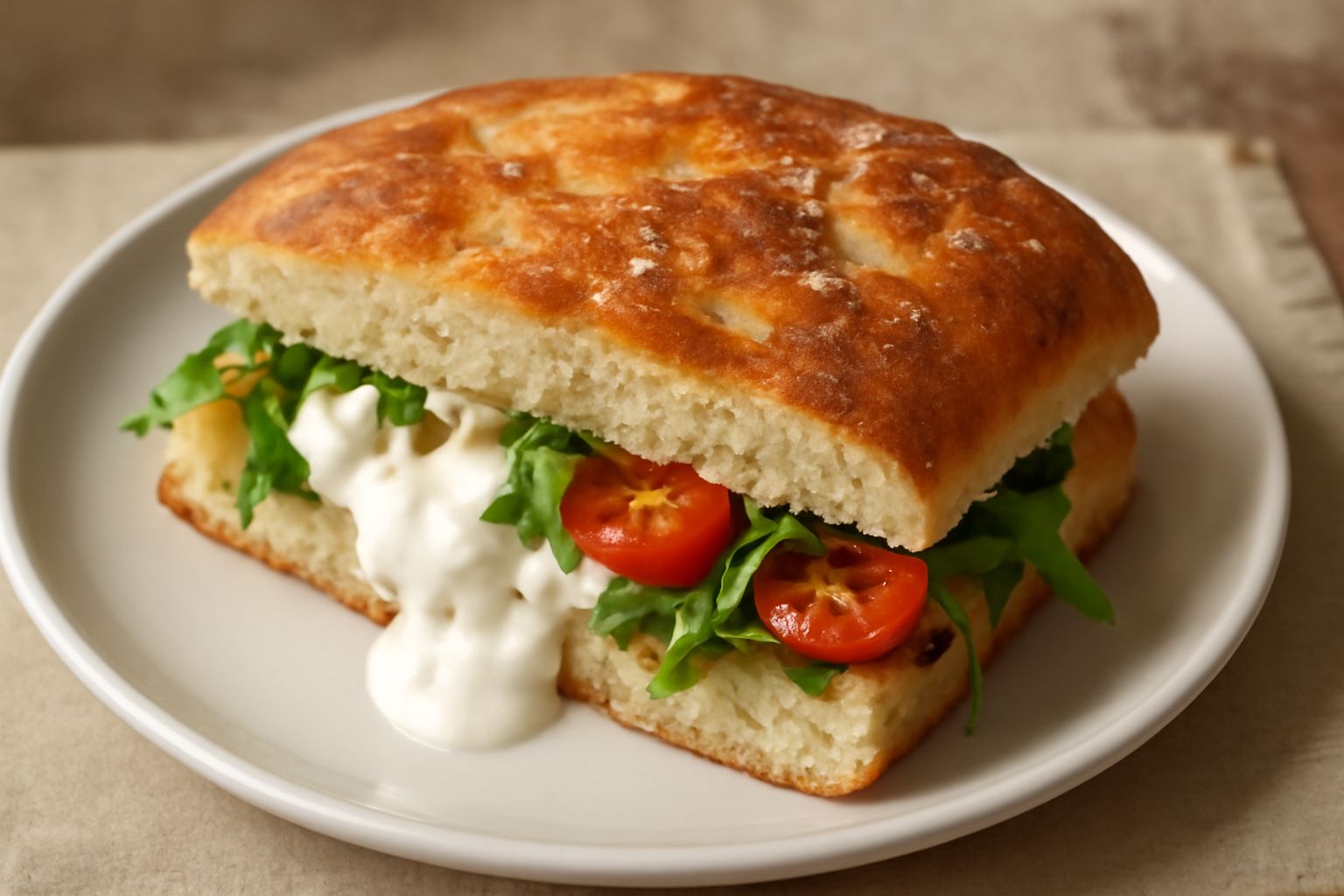Focaccia appena sfornata con burrata cremosa visibile nel taglio, superficie dorata e croccante con grani di sale grosso, appoggiate su carta da forno bianca, con fronde di rucola fresca intorno