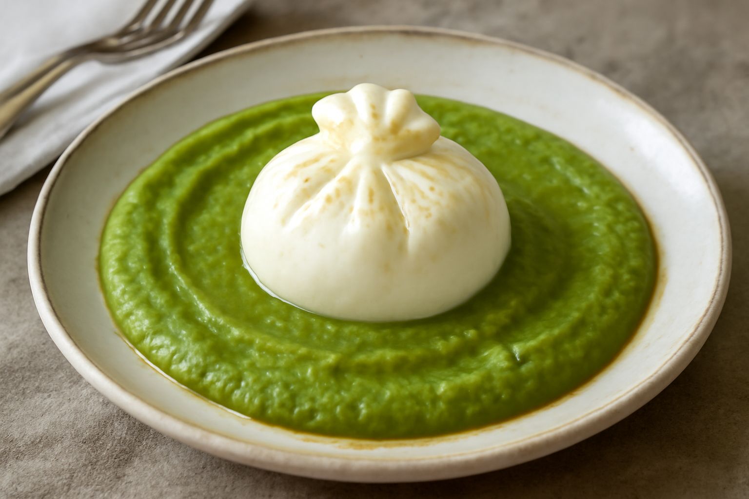 Piatto bianco con purea verde scuro di fave, burrata bianca al centro leggermente spaccata, gocce di olio extravergine dorato, mandorle tostate sparse, limone fresco in sottofondo