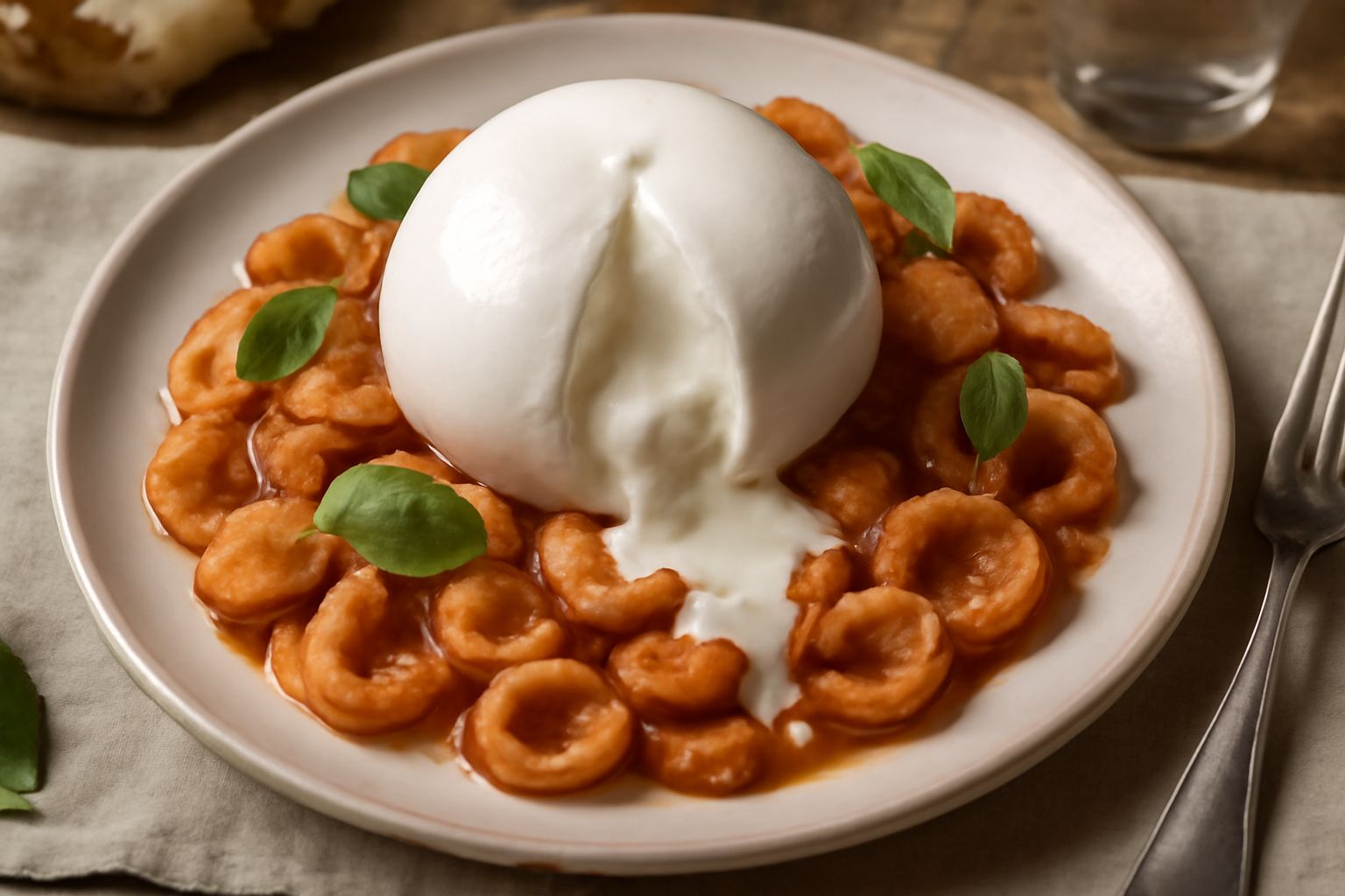 Burrata tarantina bianca e tonda appena aperta, con il cuore cremoso che fuoriesce, servita in un piatto bianco con olio d'oliva versato, fette di pomodoro rosso e basilico fresco