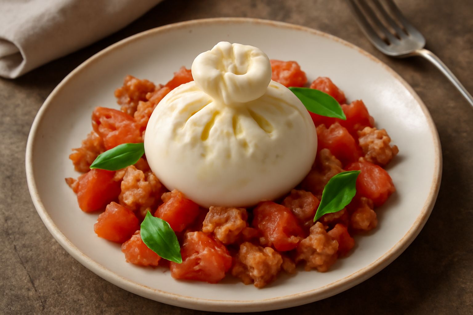 Burrata toscana fresca tagliata a metà su piatto bianco, con il cuore di cagliata e crema visibile, circondata da pomodori rossi e basilico verde