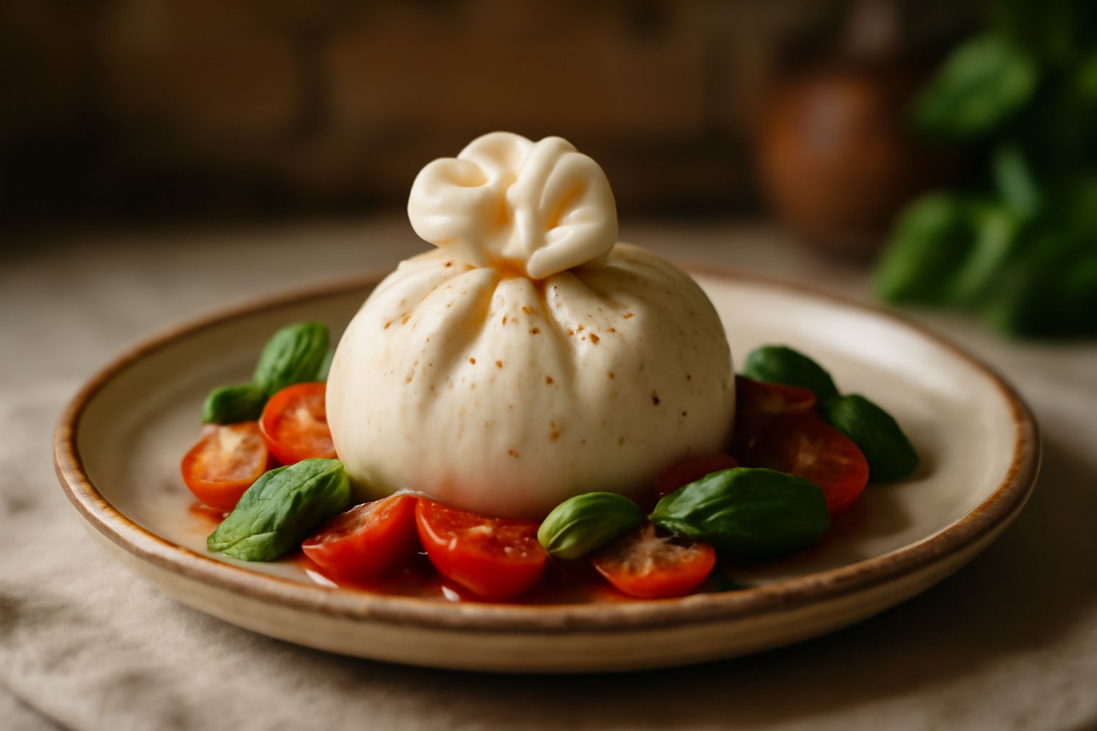 Burrata aperta al centro che mostra il ripieno cremoso di fili di cagliata e panna, su un piatto bianco con pomodori ciliegini freschi