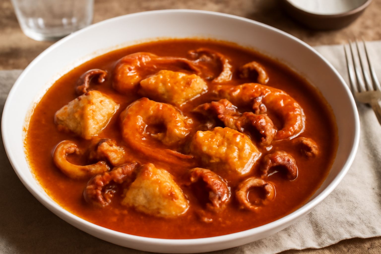 Zuppa di burrida in una ciotola bianca: pezzi di pesce morbido in brodo denso color rame, con gamberetti rossi, pomodori e cipolla, decorato con prezzemolo verde fresco