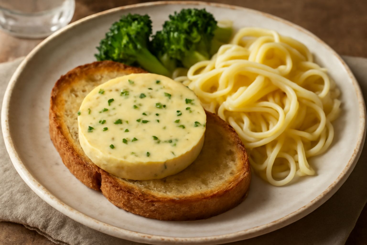 Burro all'aglio color crema con riflessi gialli su un piatto bianco, guarnito con prezzemolo fresco verde, accanto a fette di pane tostato leggermente dorate e spicchi di aglio sbucciati