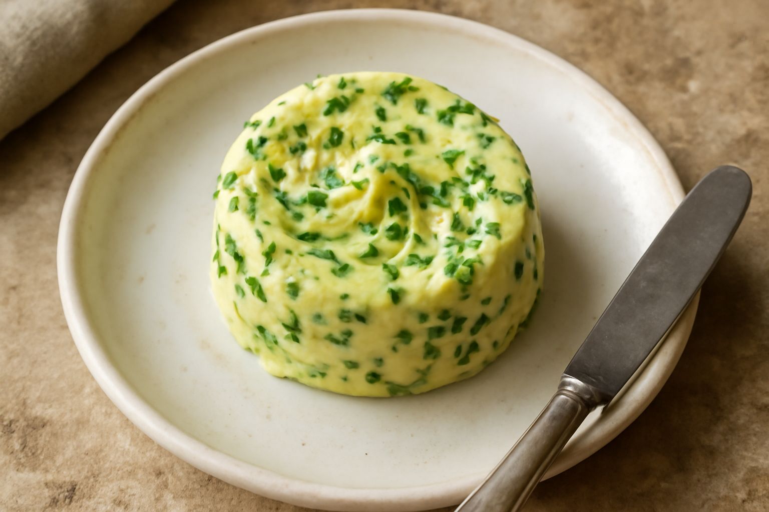 Burro alle erbe giallo pallido con pezzetti verdi di prezzemolo e erbe aromatiche, modellato in rosetta su un piatto bianco, contornato da fettine di pane tostato