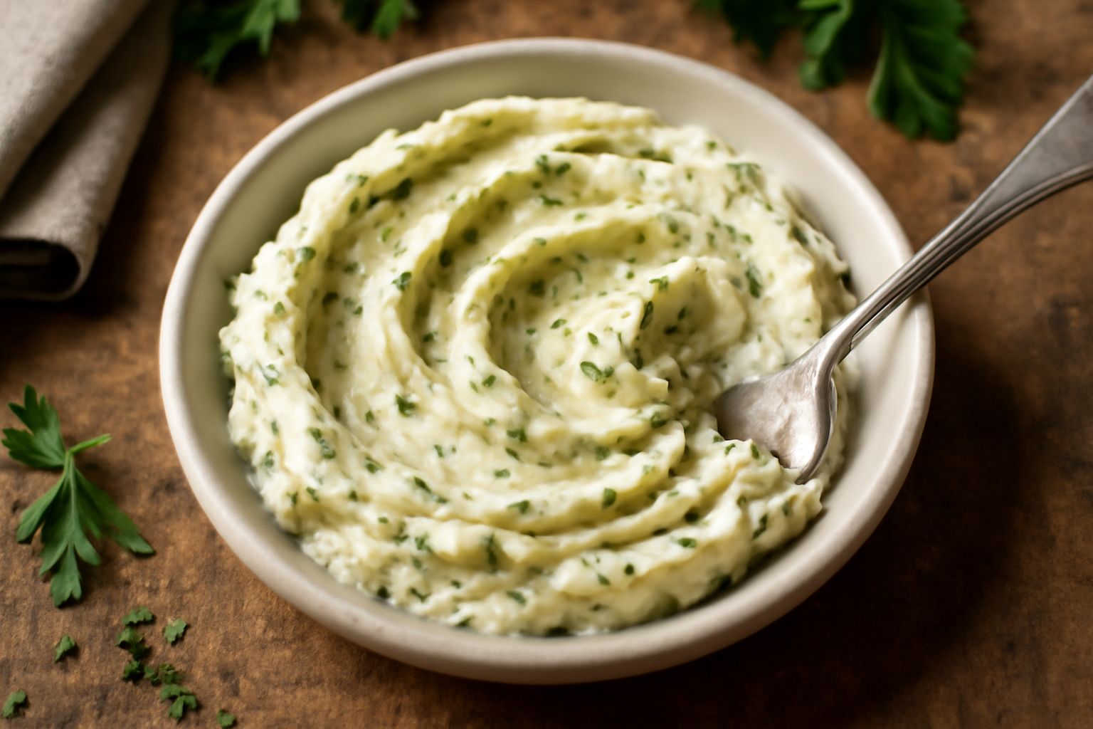 Burro color crema con puntini verdi di erbe fresche in una ciotola di ceramica bianca, accanto a fette di pane tostato e rametti di timo fresco