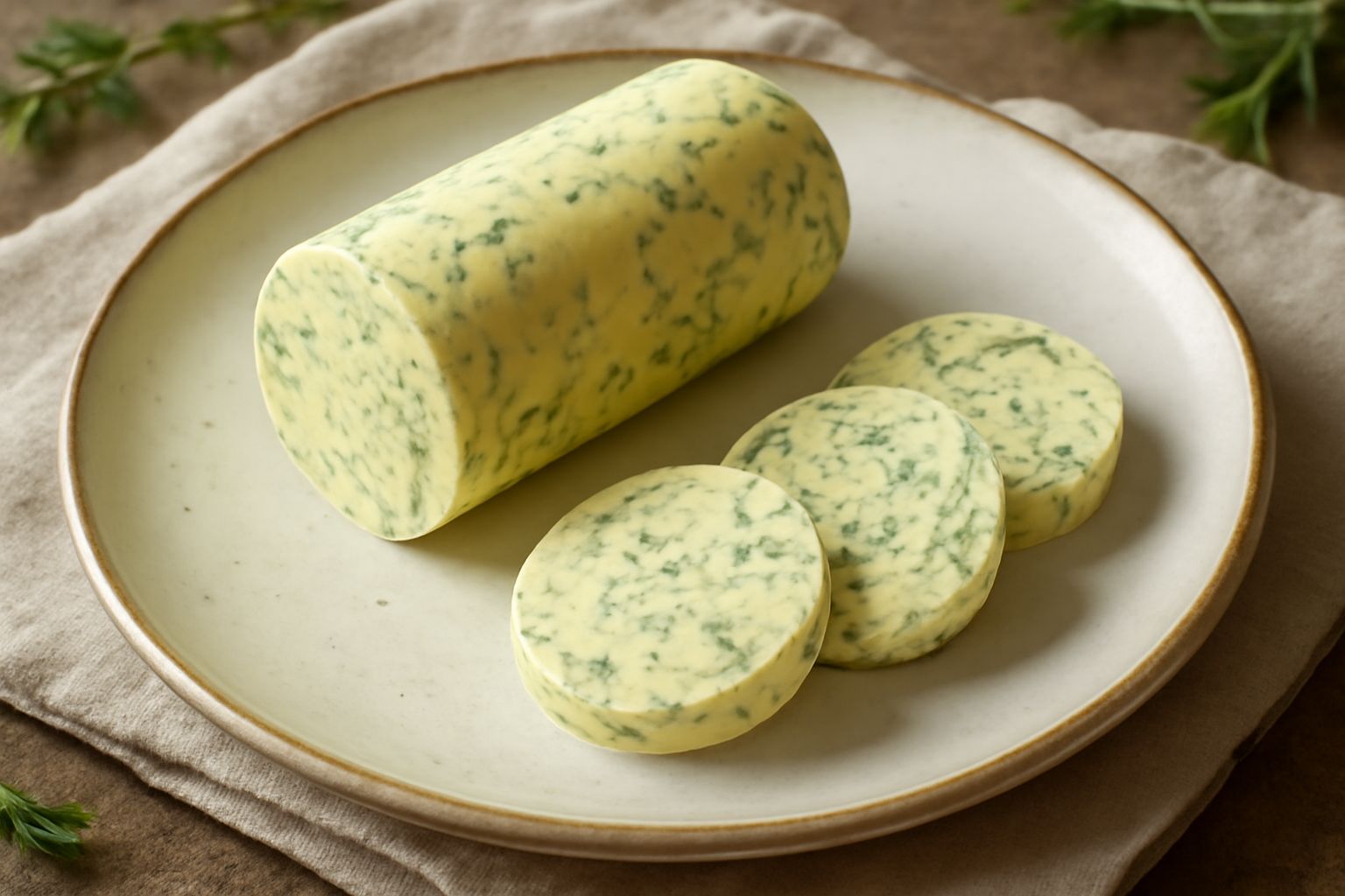 Burro giallo chiaro con macchie verdi di erbe aromatiche fresche, porzionato su carta pergamena bianca, con accanto un rametto di prezzemolo e foglie di timo sparse