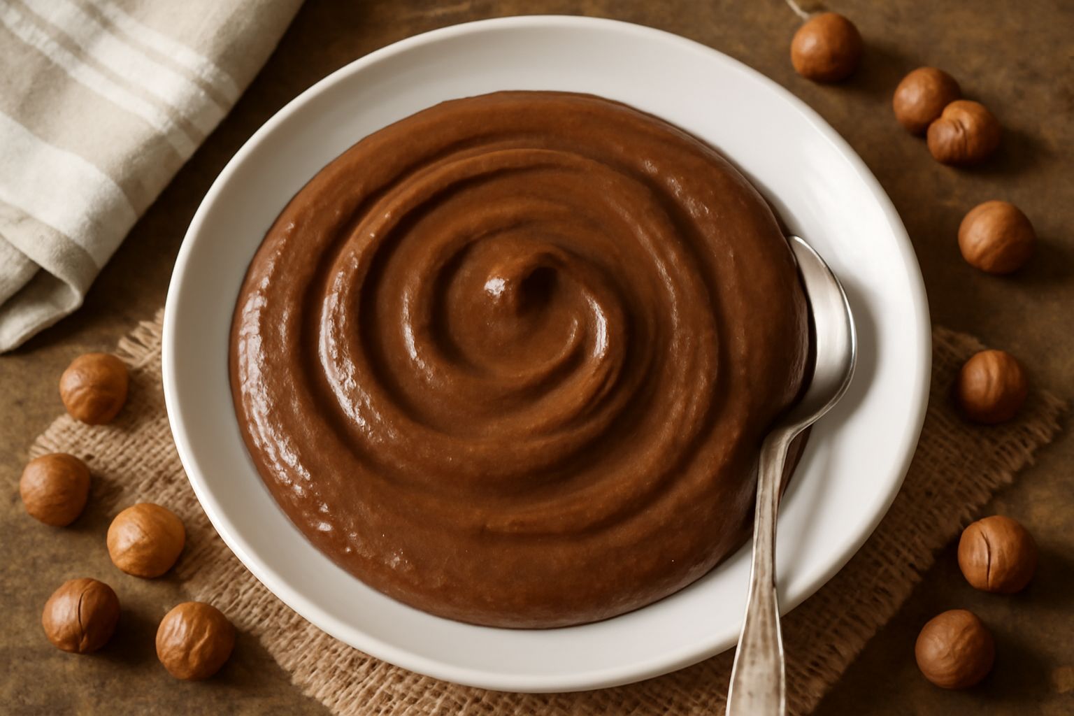 Burro alle nocciole color marrone scuro e cremoso in una ciotola di ceramica, con un cucchiaio d'acciaio immerso, nocciole intere sparse accanto su un tavolo di legno chiaro