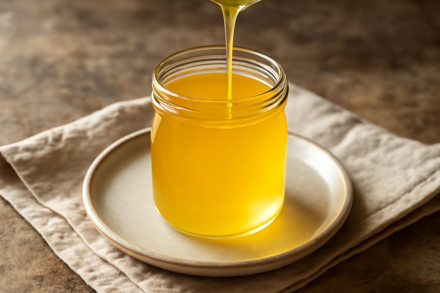 Vasetto trasparente di burro chiarificato giallo dorato e cristallino, con un cucchiaio di legno appoggiato accanto, sfondo di tegame in rame con burro fuso