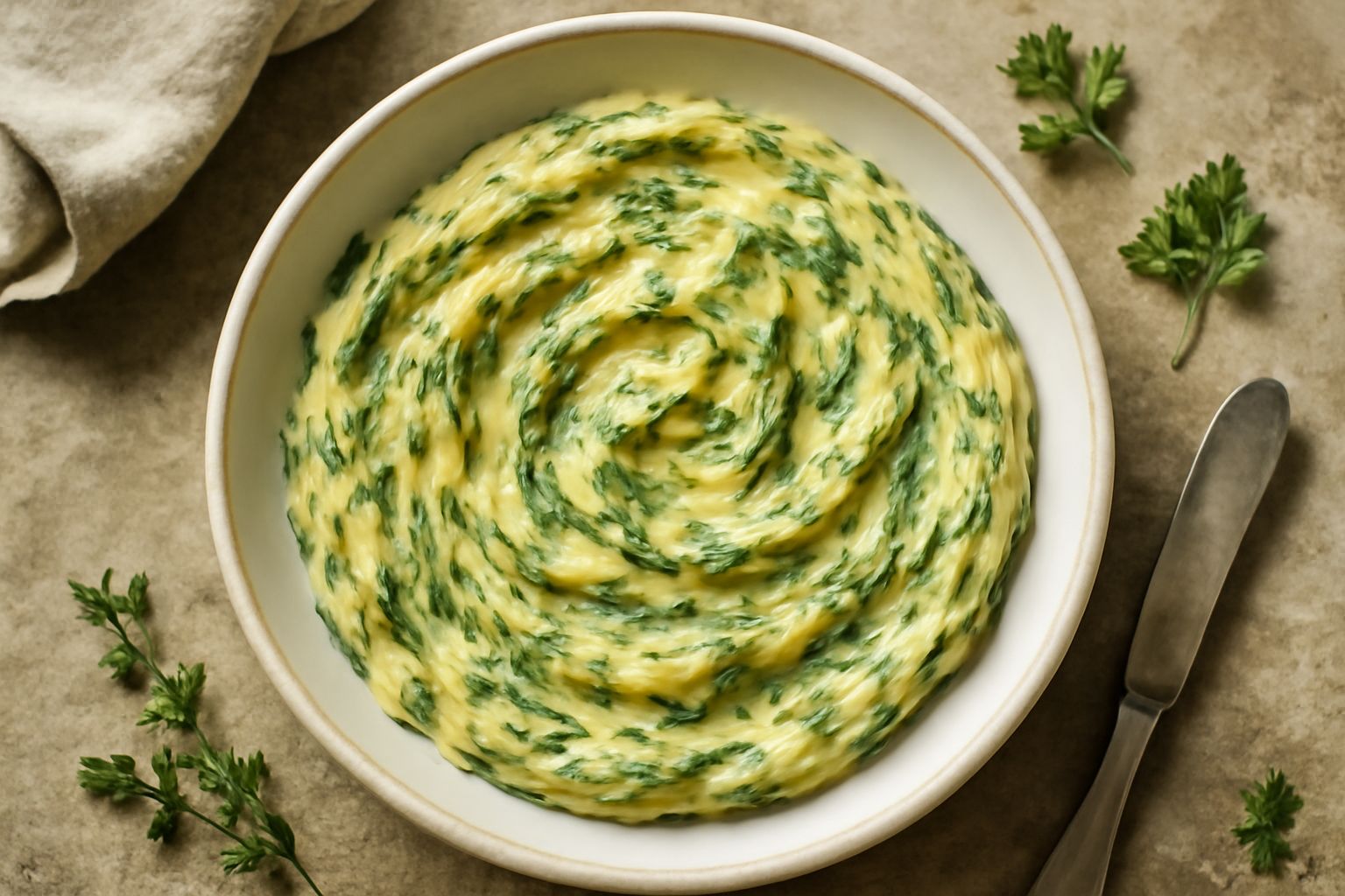 Burro di montagna con erbe fresche (prezzemolo, timo, salvia) in una ciotola di vetro, con superficie cremosa e screziature verdi, accompagnato da fette di pane integrale tostato su un piatto bianco.
