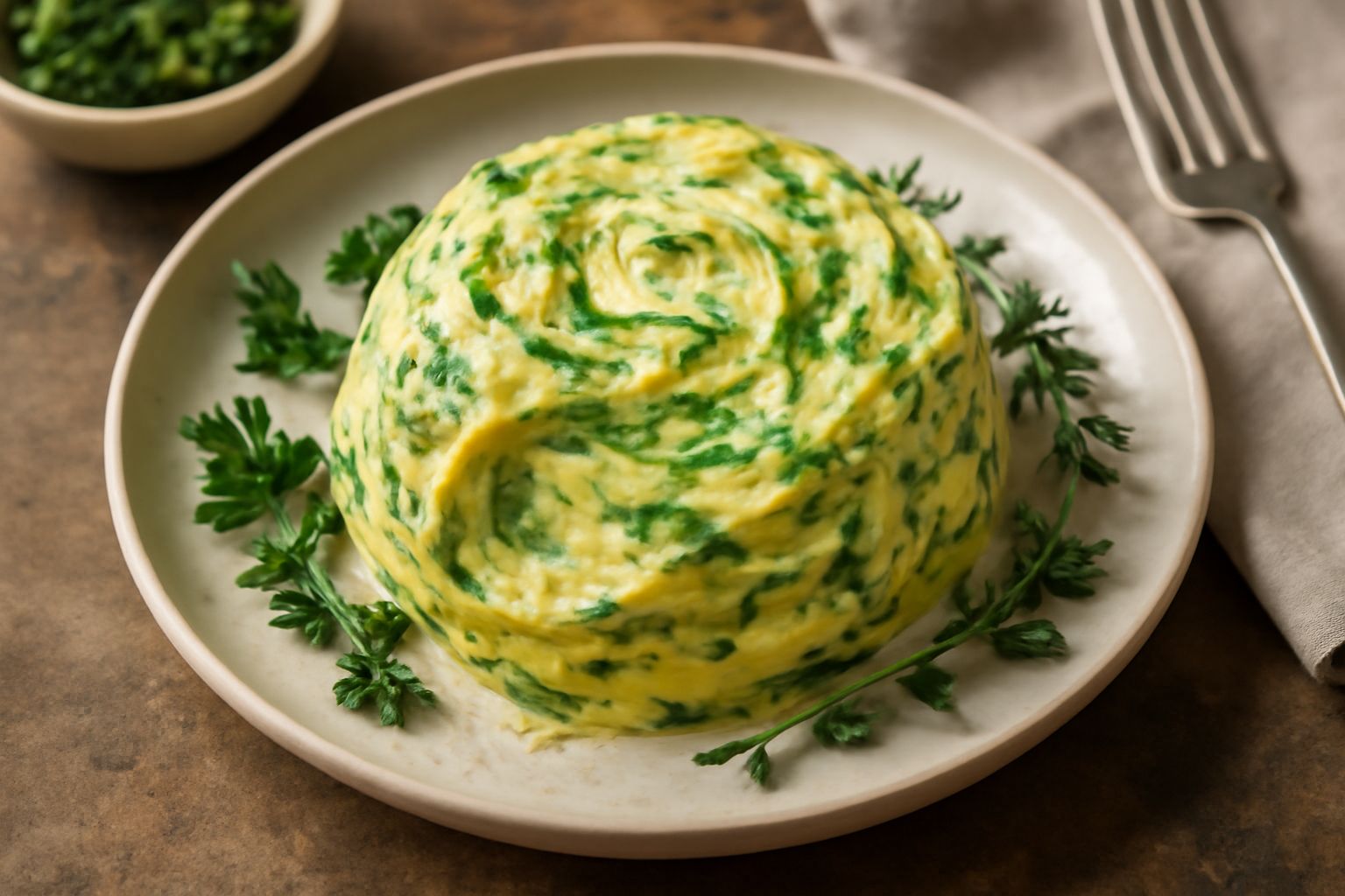 Burro di montagna con erbe fresche (prezzemolo, timo, salvia) in una ciotola di vetro, con superficie cremosa e screziature verdi, accompagnato da fette di pane integrale tostato su un piatto bianco.