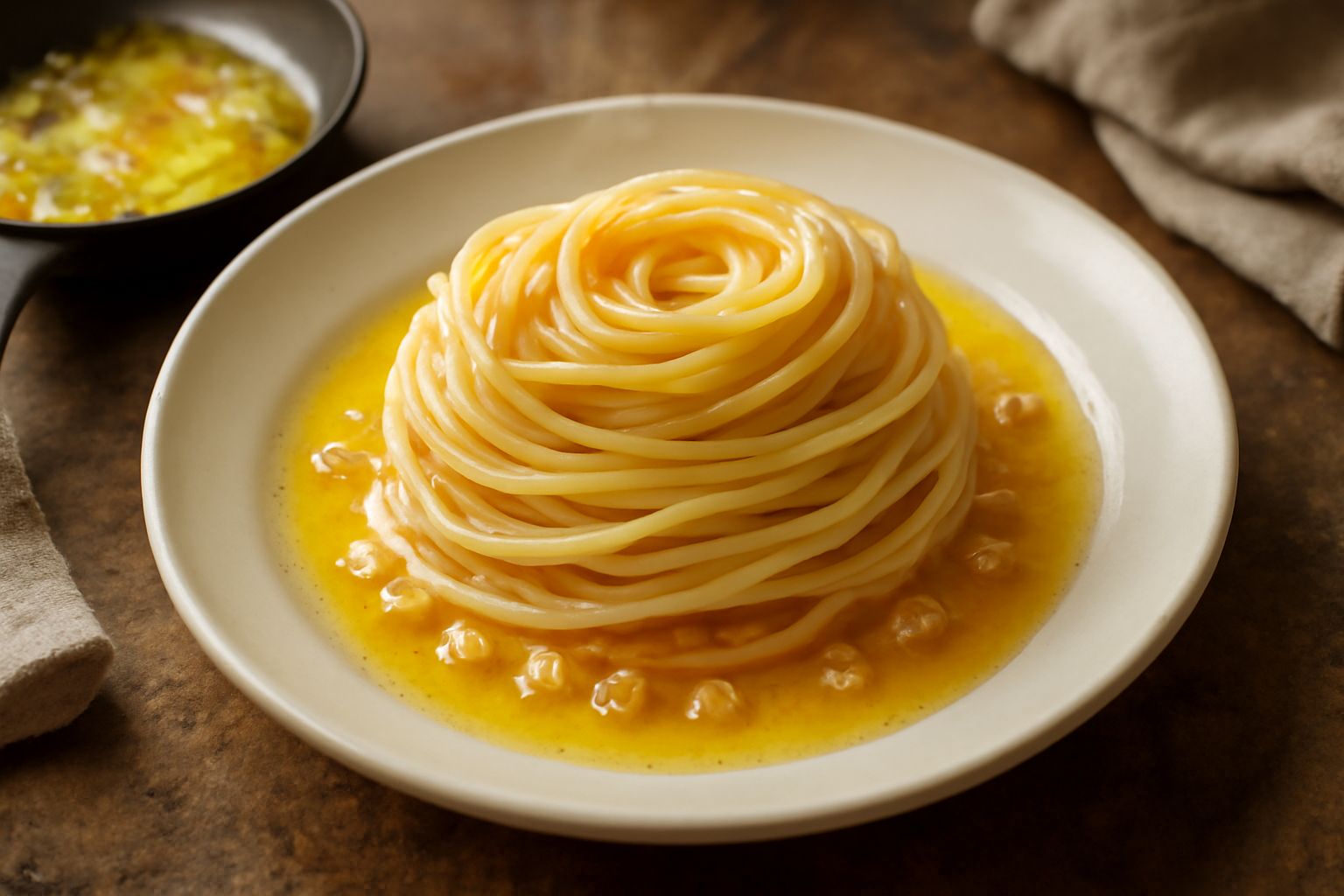 Burro color oro fuso in padella con spicchi di aglio leggermente coloriti, con prezzemolo fresco verde sopra, su sfondo scuro