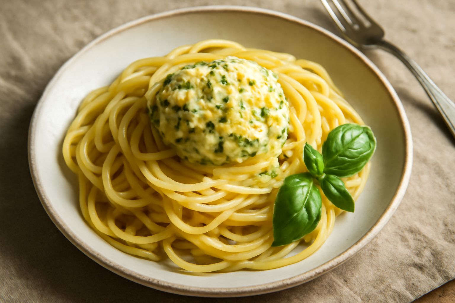 Burro al basilico di colore giallo cremoso con striature verdi, impiattato su un piattino bianco con tre foglioline di basilico fresco accanto e una coltellina da burro argentata appoggiata sopra