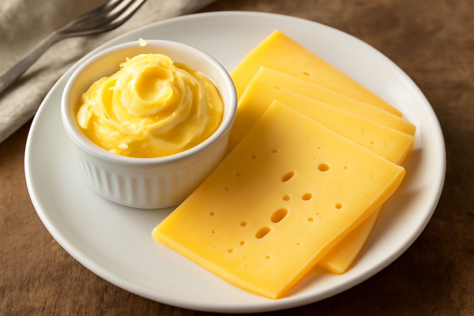 Piatto bianco con burro giallo morbido in una ciotola, affettato di formaggio a pasta dura con occhiature, pane tostato ai lati, su tavolo di legno chiaro