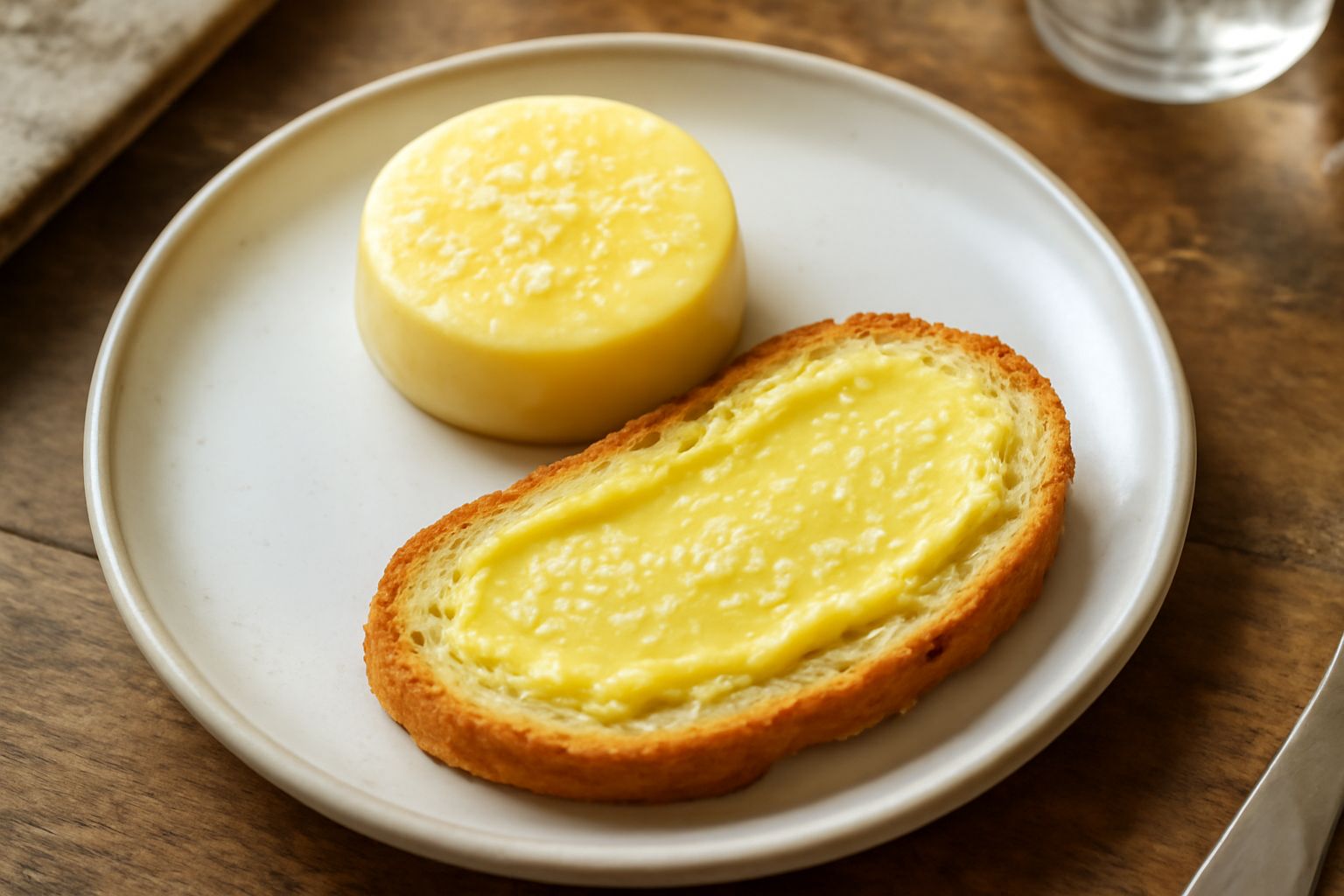 Burro giallo chiaro mischiato con cristalli di sale fino in una ciotola bianca di ceramica, con un cucchiaio di legno accanto su tavolo grigio