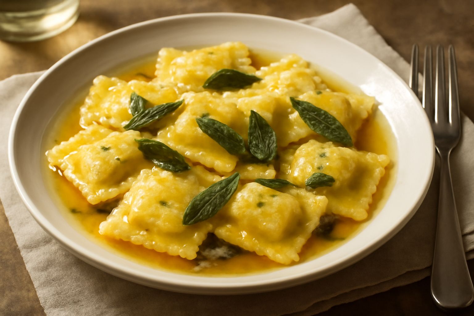 Burro fuso dorato con foglie di salvia verde scuro appoggiate sopra, in una piccola ciotola di ceramica grigia, con uno sfondo di legno chiaro e qualche foglia di salvia fresca sparsa accanto