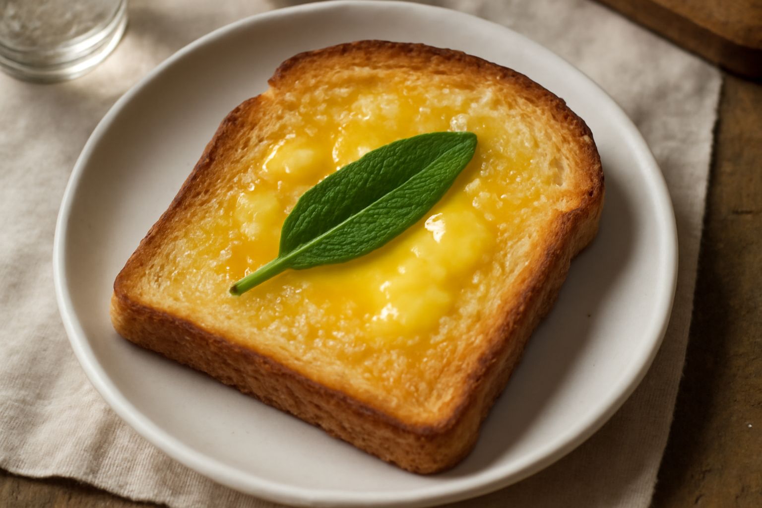 Fetta di pane tostato color oro con burro giallo che si scioglie in superficie, foglia di salvia verde scuro adagiata sopra, piatto bianco, luce naturale da sinistra