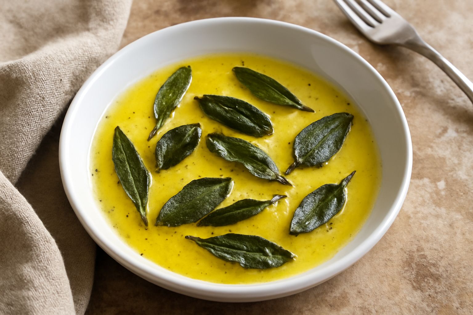 Burro fuso dorato in una ciotola bianca con foglie di salvia verde disperse sopra e intorno, vapore leggero che sale dalla superficie, tavolo di legno naturale