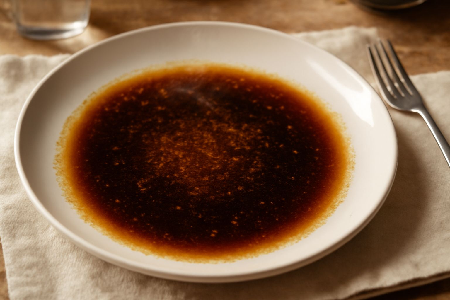 Burro nero in una pentola di acciaio inox, ambrato e schiumoso, con un cucchiaio di legno immerso, vapore visibile, sfondo bianco