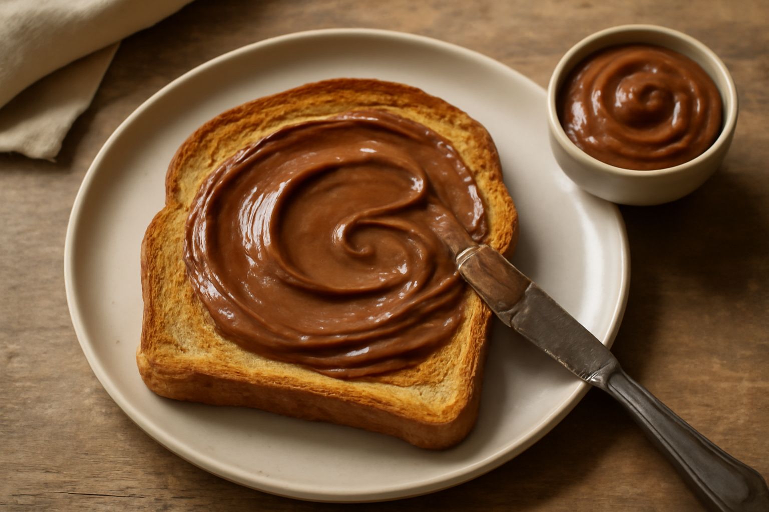 Burro di nocciola cremoso di colore marrone scuro in una ciotola di vetro, con un cucchiaio di legno immerso e nocciole intere tostate sparse accanto