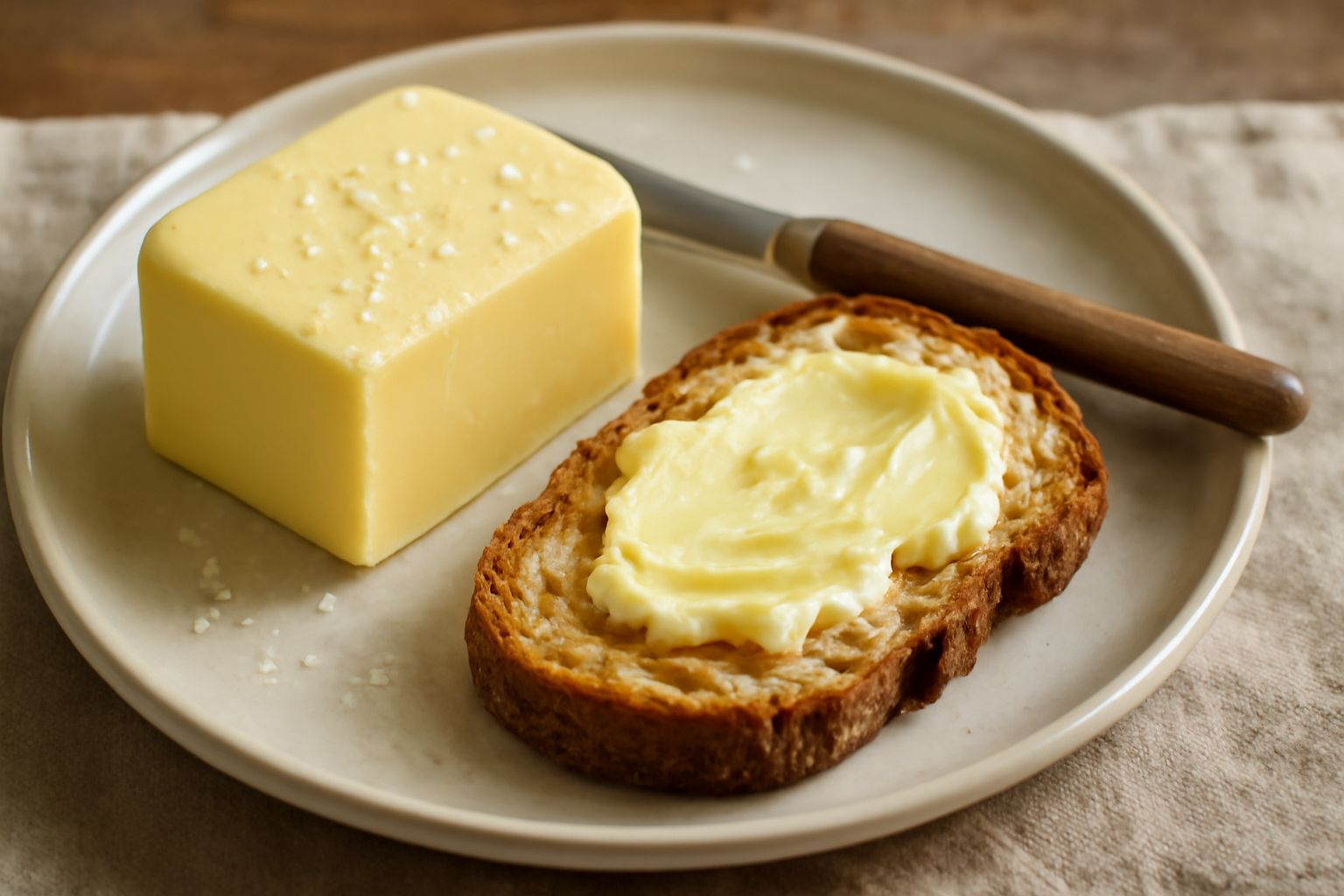 Burro salato giallo crema in una ciotola di ceramica bianca, con cristalli di sale marino visibili sulla superficie, due noci di burro a lato su un piatto bianco