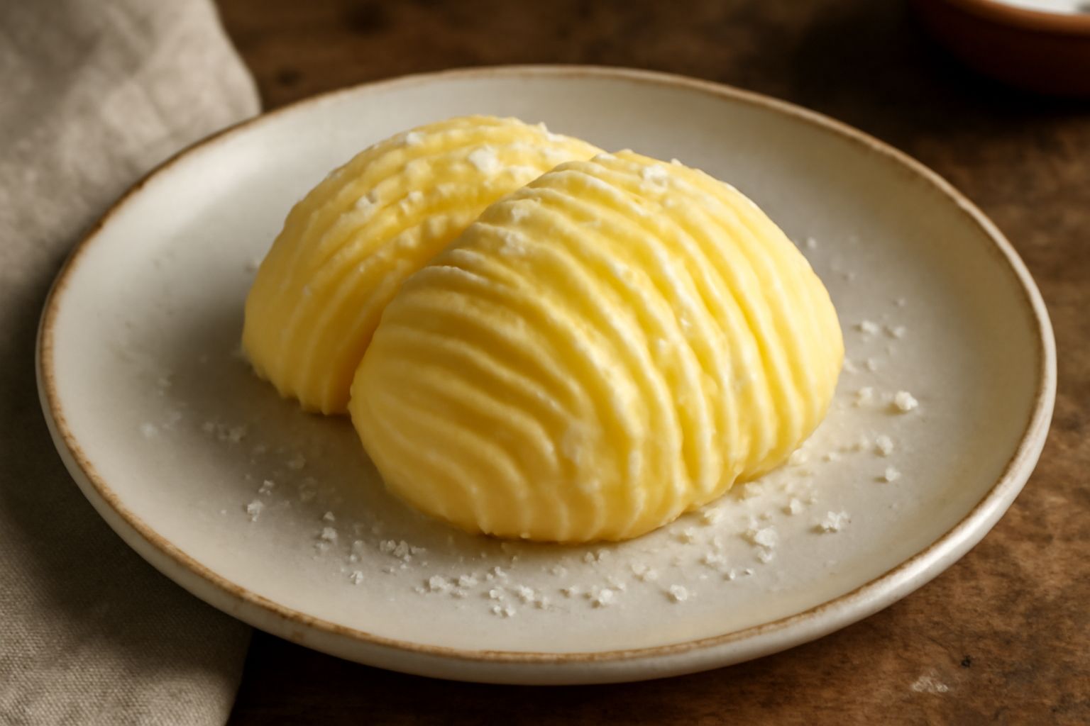 Burro giallo paglierino salato in una ciotola di ceramica bianca, con cristalli di sale visibili sulla superficie, accanto a una pagnotta di pane scuro tostato su un piatto di legno