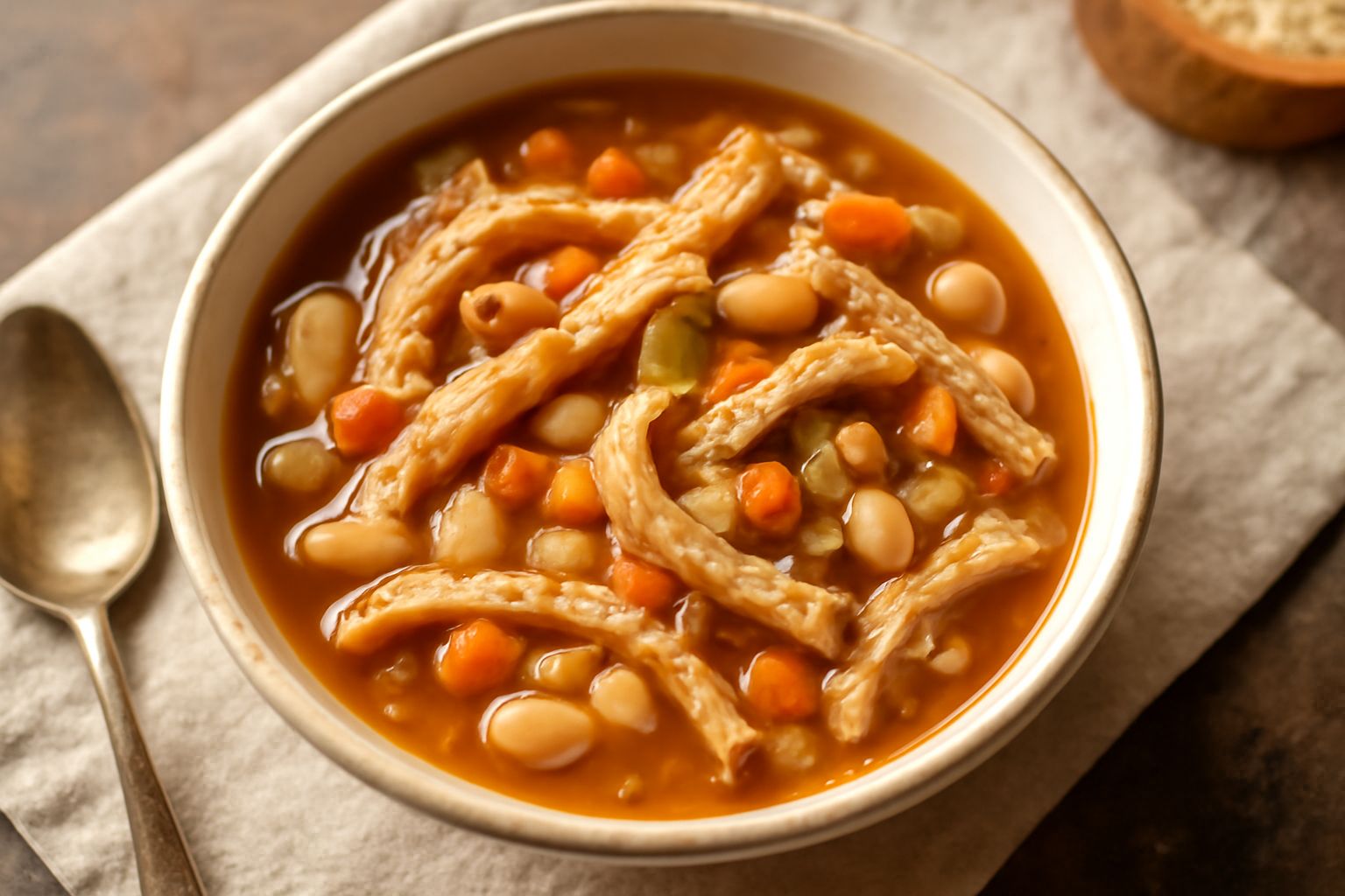 Ciotola di busecca alla milanese: trippa biancastra in brodo con pezzi di verdure, fagioli bianchi visibili, guarnita di prezzemolo fresco, su fondo scuro