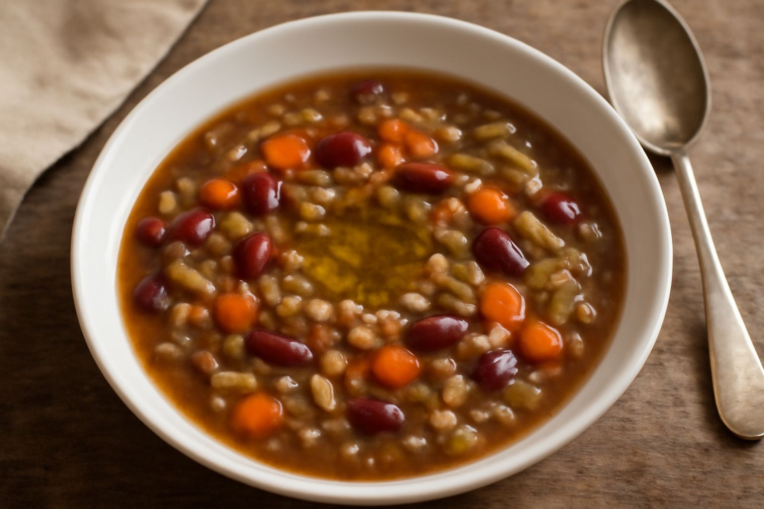 Ciotola di zuppa busecchja con legumi di vari colori, orzo, carote e sedano visibili in brodo scuro, guarnita con un filo d'olio d'oliva verde su sfondo neutro