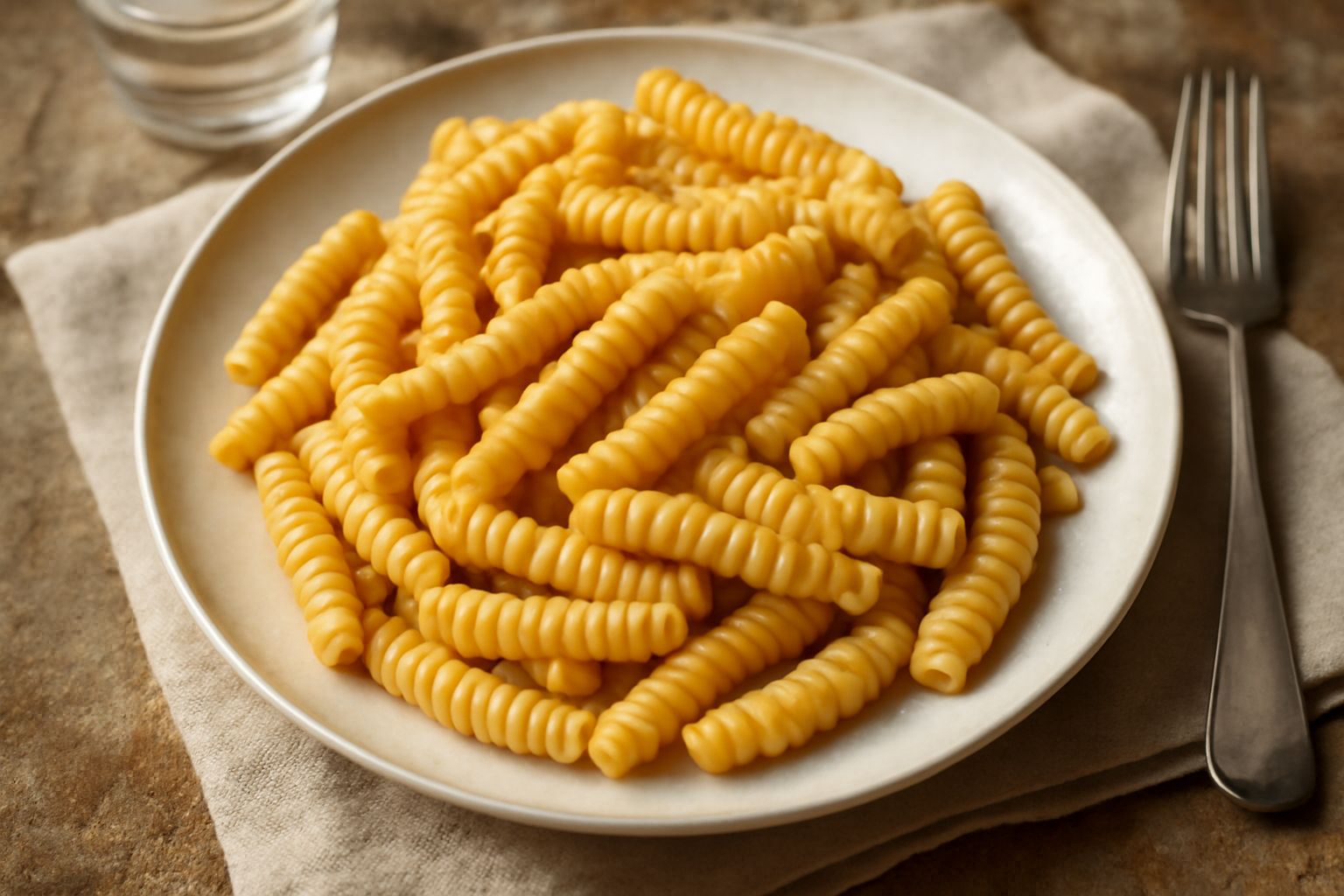 Busiate appena cotte in un piatto bianco, pasta a forma di spirale dorata, ricoperta di salsa di pomodoro e basilico fresco, lumache di pasta ben definite e regolari