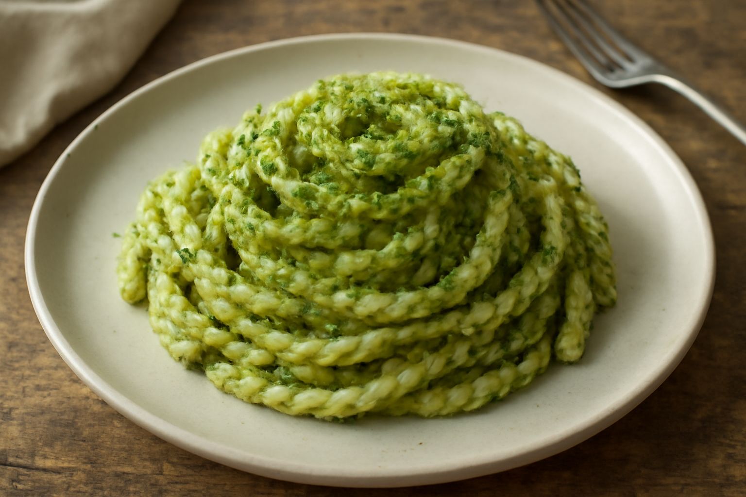 Piatto di busiate al pesto color verde brillante, pasta attorcigliata e compatta, ricoperta di salsa verde con granuli di mandorle bianche e fettine di aglio dorato, contorno di basilico fresco e gocc