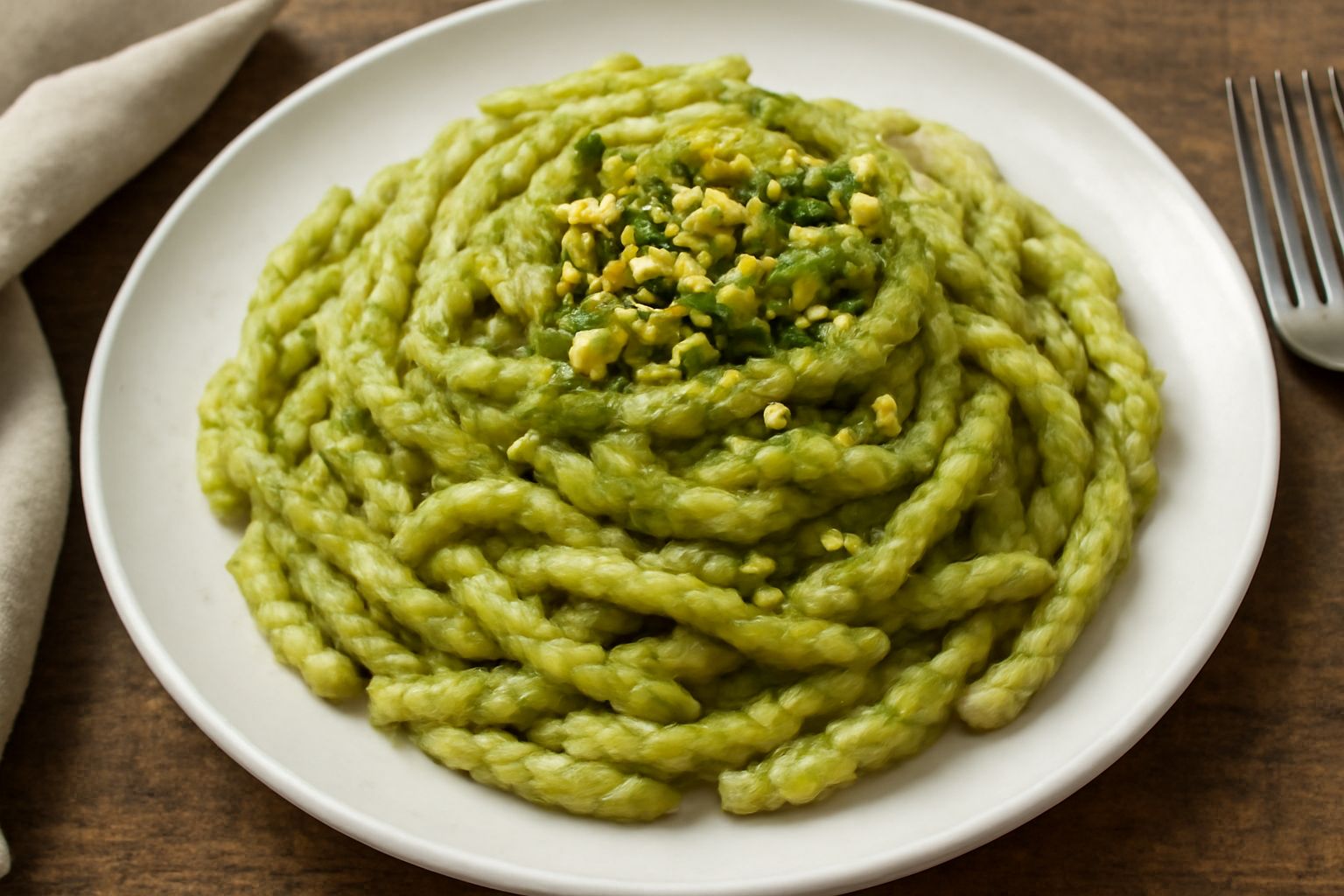 Busiate riccamente condite con pesto verde di pistacchio cremoso, in un piatto bianco fondo, con granelli di pistacchio tritato e una spolverata di formaggio grattugiato