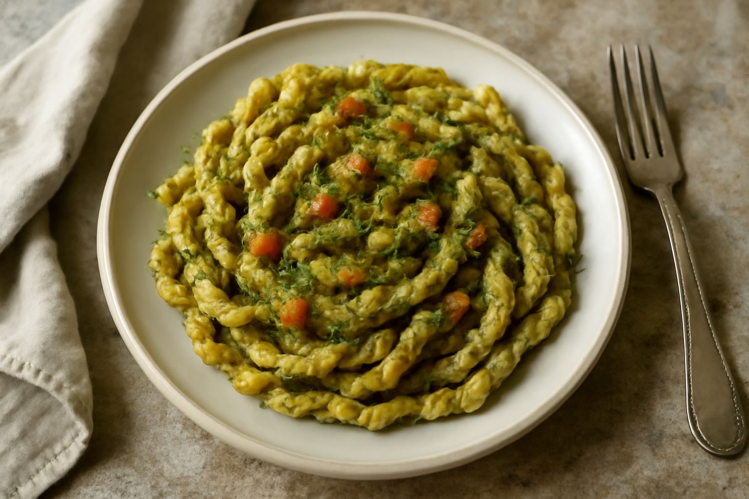 Piatto di busiate ricoperte di pesto verde-rosato con visibili pezzetti di mandorle tostate e pomodori, decorato con foglia di prezzemolo, su piatto bianco