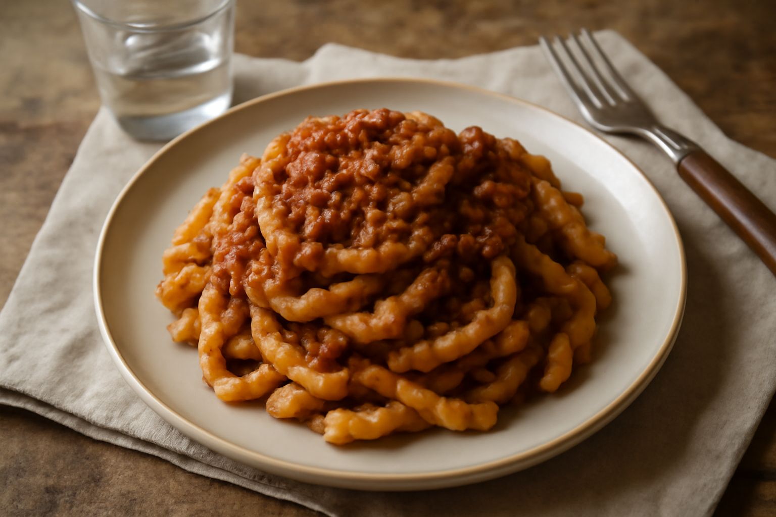 Busiate al ragù in un piatto bianco, pasta arrotolata di colore giallo pallido ricoperta da ragù marrone intenso, spolverata di parmigiano grattugiato bianco, ragù visibile tra le spire della pasta