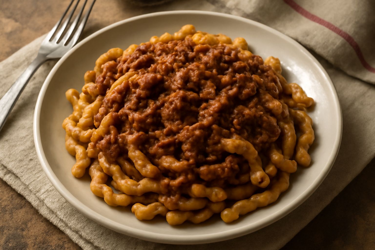 Piatto di busiate al ragù di carne: pasta riccioluta dorata avvolta intorno a sé stessa, ricoperta di ragù marrone scuro con pezzetti visibili di carne, grattugia di formaggio bianco in cima, servito 