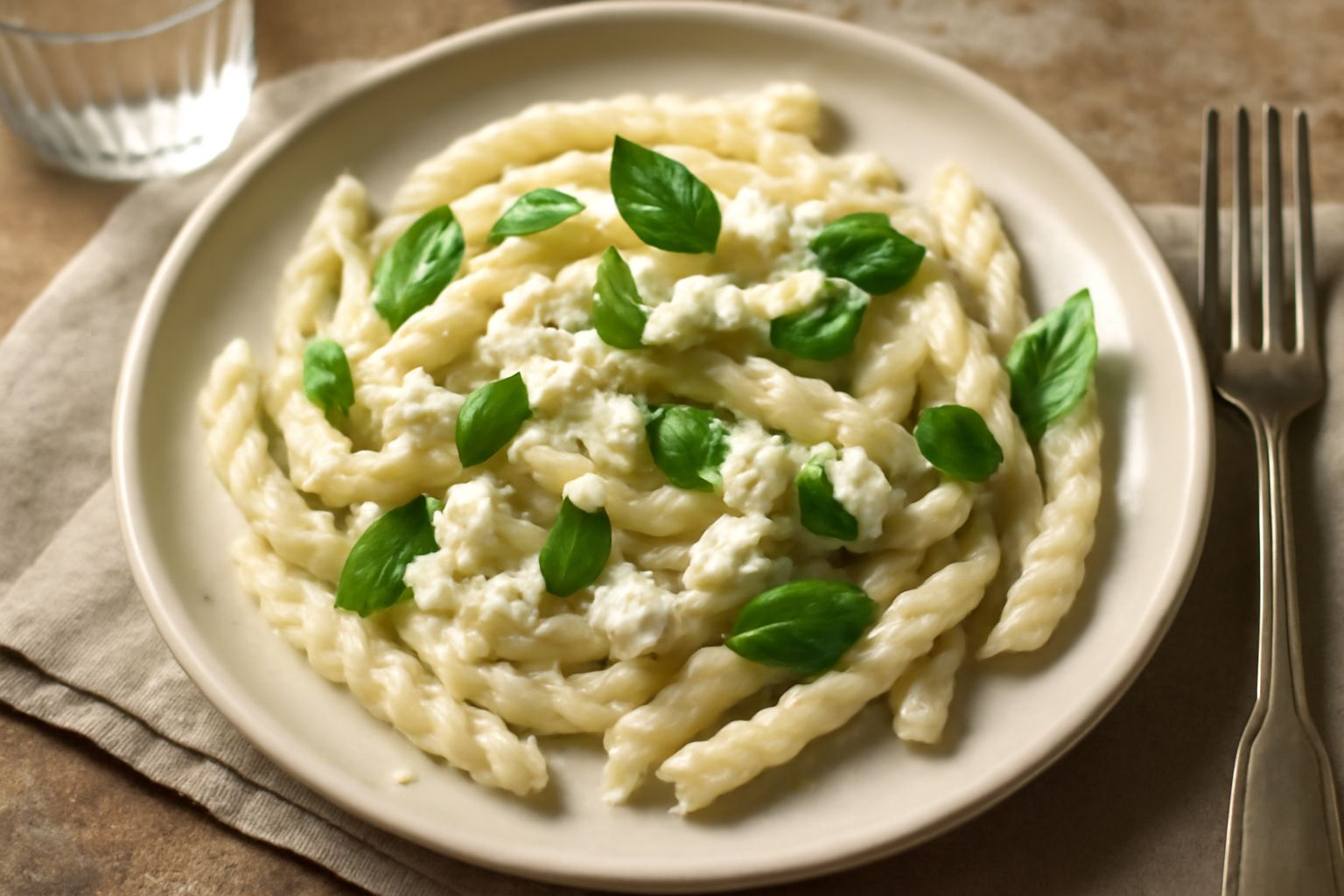 Piatto bianco con busiate avvolte in salsa di ricotta color panna, ricotta sbriciolata in superficie, foglie di basilico fresco verde scuro, olio d'oliva che brilla in fili sottili, fondo neutro