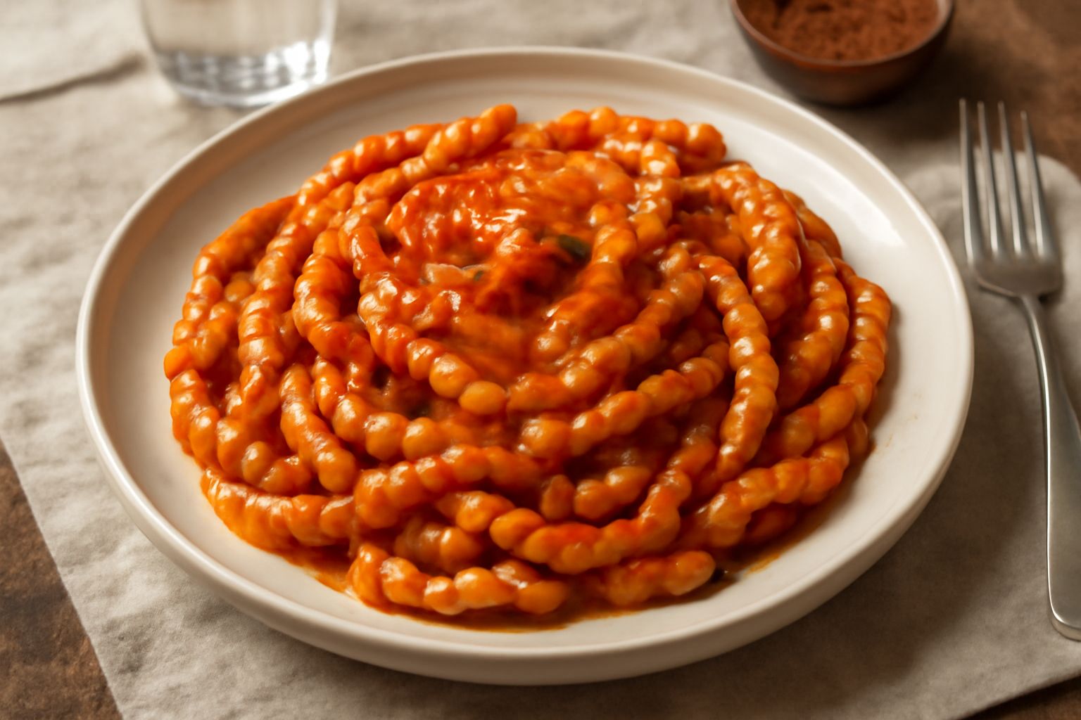 Busiate arrotolate intorno al piatto, salsa rossa cremosa che le riveste, gocce di olio verde in superficie, foglia di basilico fresco, piatto bianco con bordo sottile