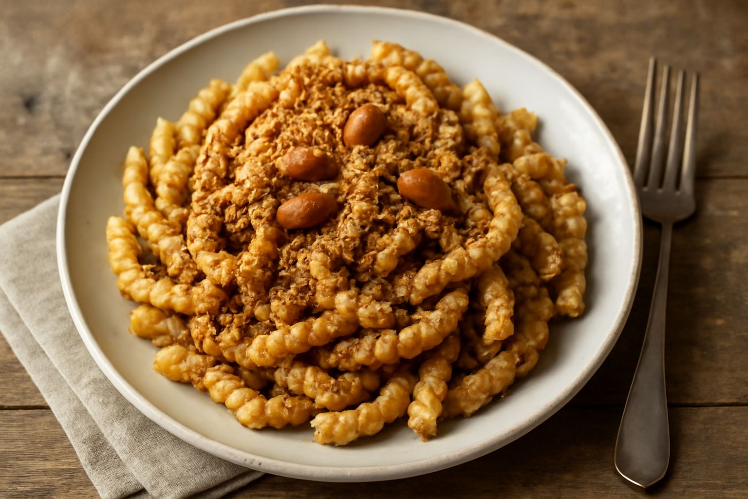 Piatto di busiate riccamente condite con ragù marrone di mandorle tostate, guarnite con qualche mandorla intera e parmigiano grattugiato, servite su fondo bianco