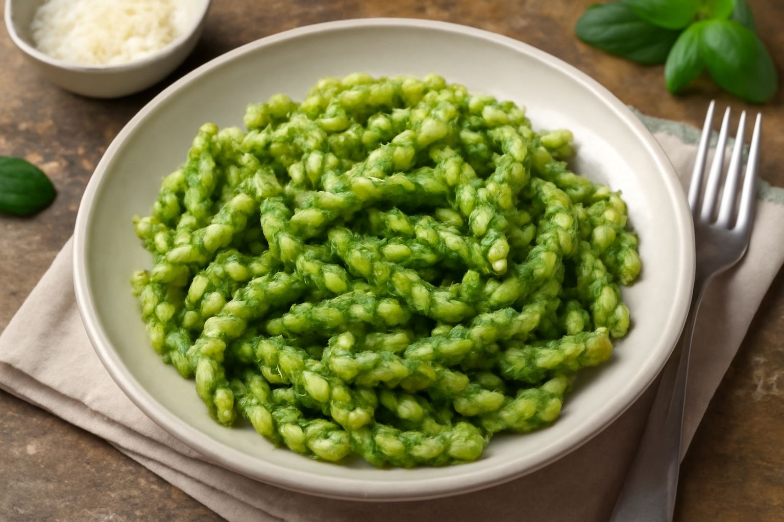Piatto di busiate ricce di color giallo-verde condite con pesto cremoso di basilico fresco, sparsi pinoli tostati e formaggio grattugiato bianco, su fondo di piatto bianco
