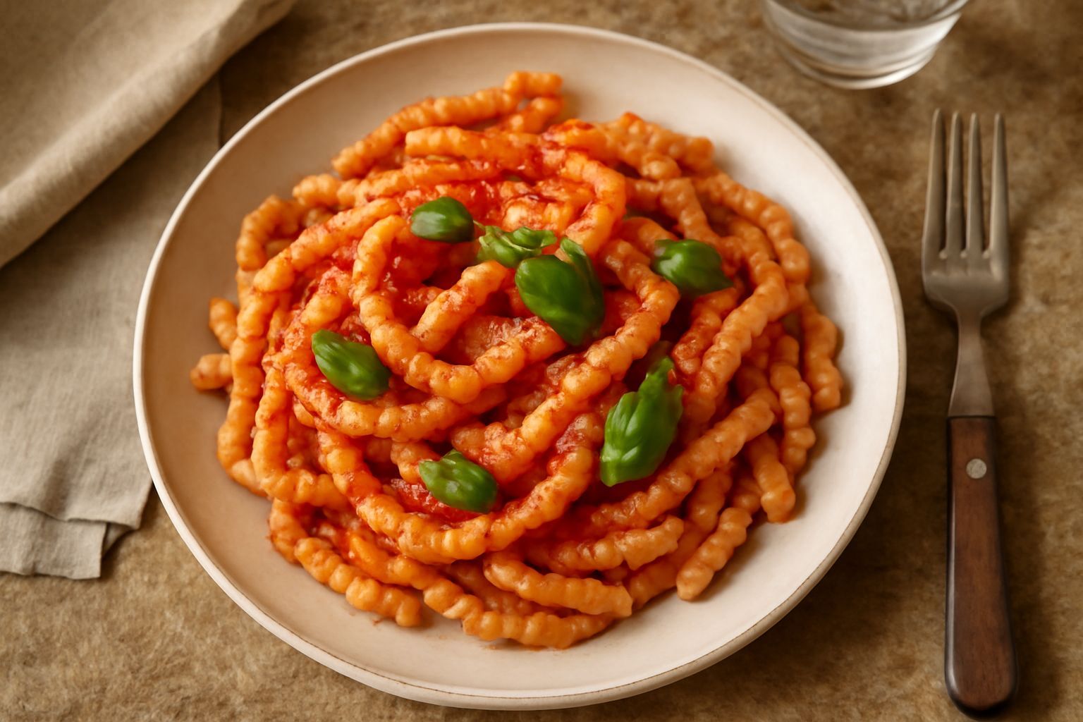 Piatto di busiate in terracotta con pomodoro rosso brillante, basilico fresco verde scuro, filo di olio d'oliva, coriandolo di parmigiano, sfondo bianco neutro
