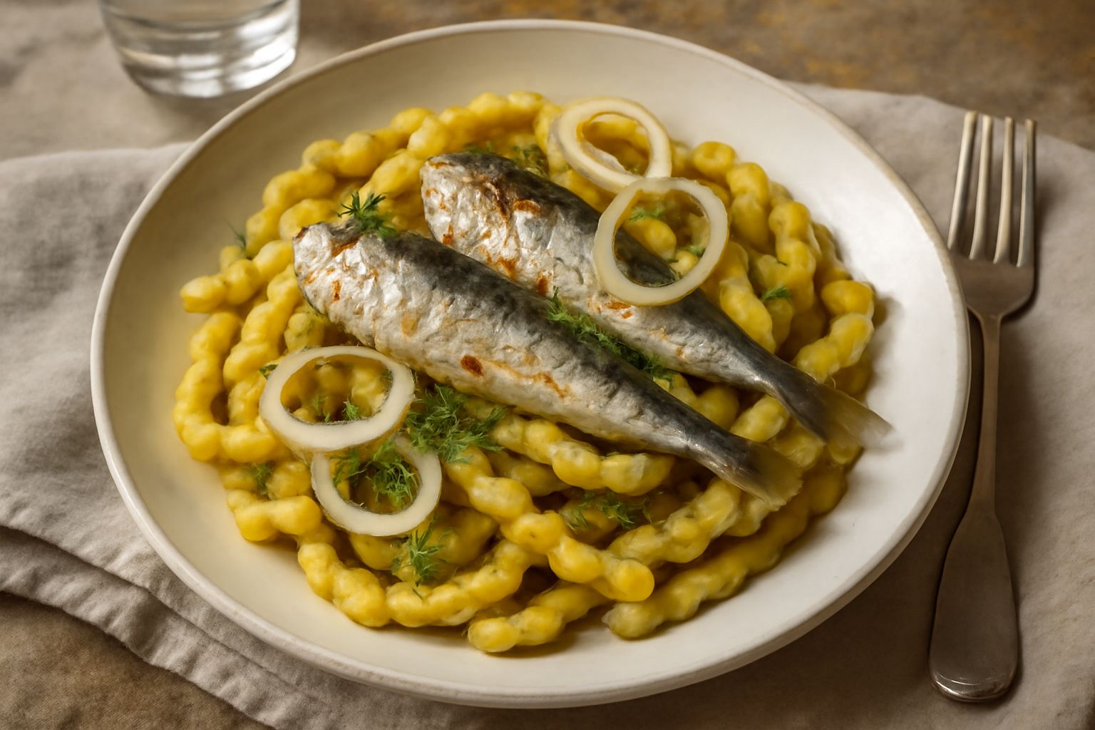 Piatto di busiate con le sarde: pasta a spirale dorata condita con sarde intere, finocchietto verde, zafferano giallo e cipolla cruda, servito su piatto bianco