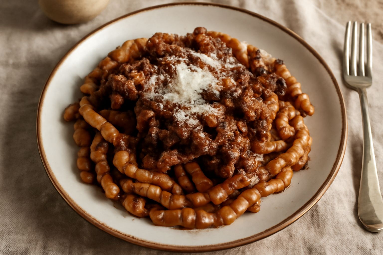 Piatto di busiate color bianco-crema con ragù scuro rossiccio, ricoperto di formaggio grattugiato e basilico fresco verde, servito in ciotola bianca su tavolo di legno