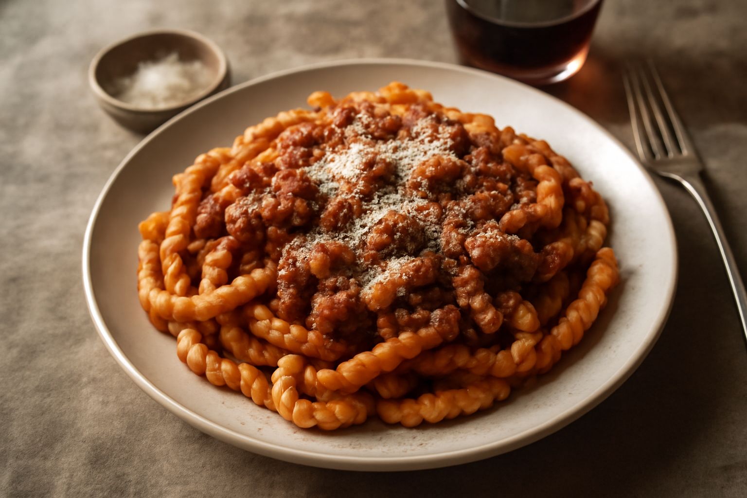 Un piatto bianco con busiate avvolte intorno alla forchetta, coperte da ragù marrone di vitello, grattugia di parmigiano bianco, prezzemolo fresco verde sullo sfondo grigio